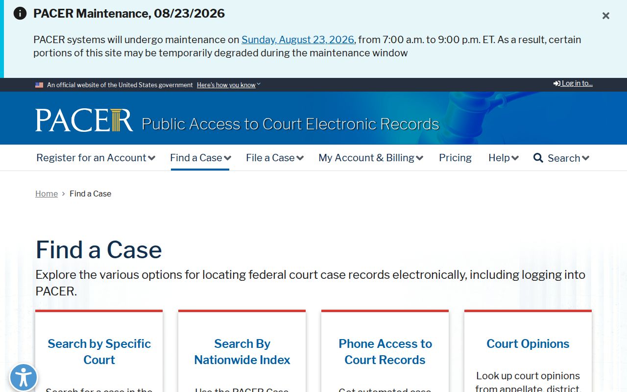 Lincoln County case lookup options on the official PACER federal search page