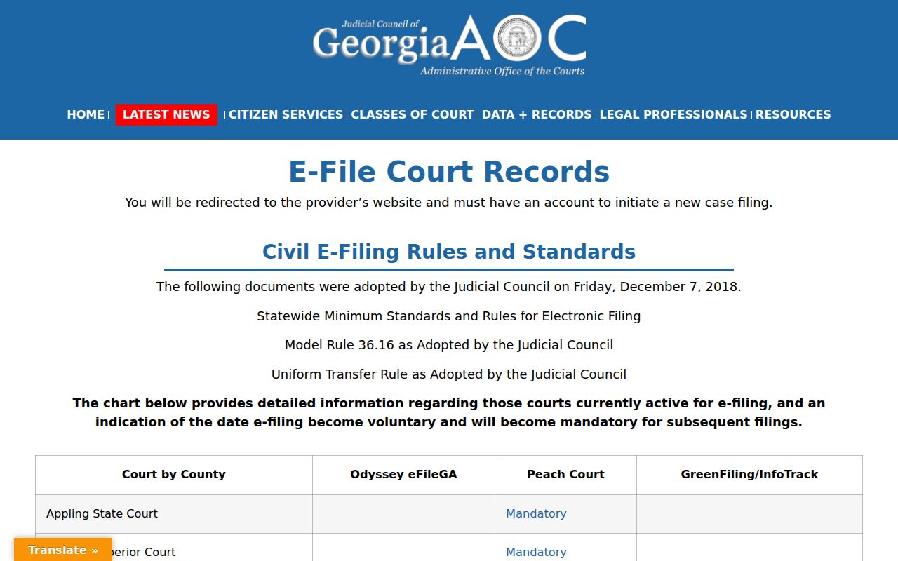 Lincoln County court docket e-filing listing for PeachCourt